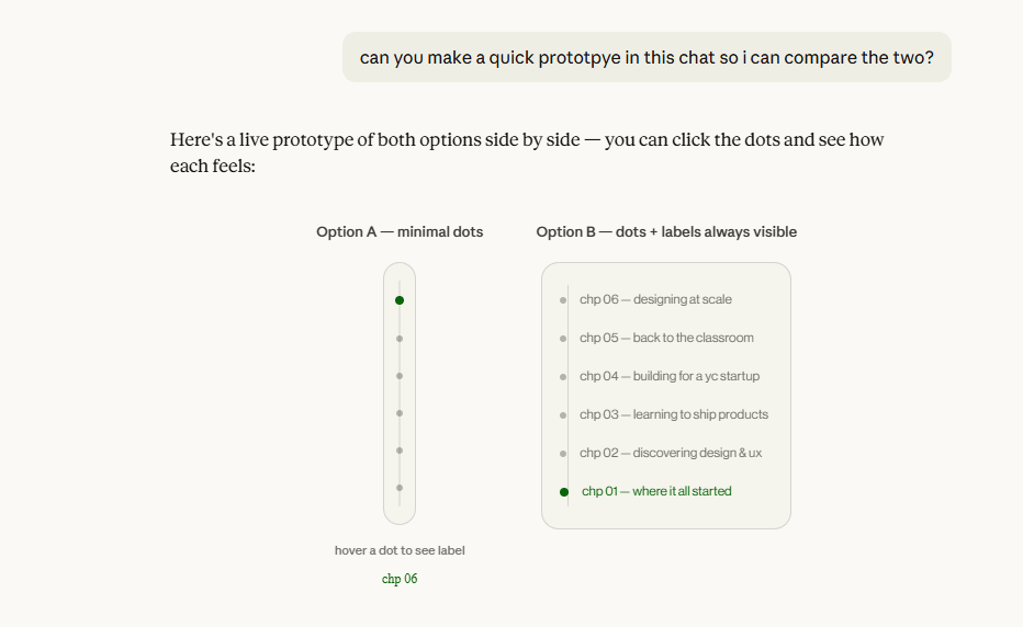 Screenshot of the two ChapterNav prototypes side by side inside Claude chat