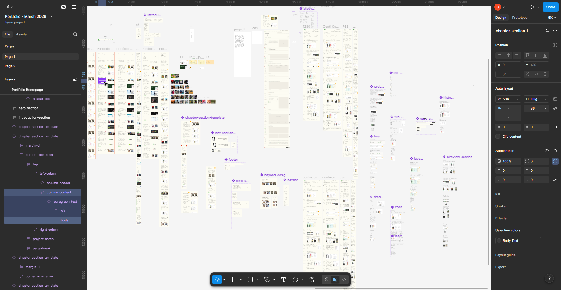 Wide shot of the Figma canvas showing the full portfolio design with all component breakpoints laid out