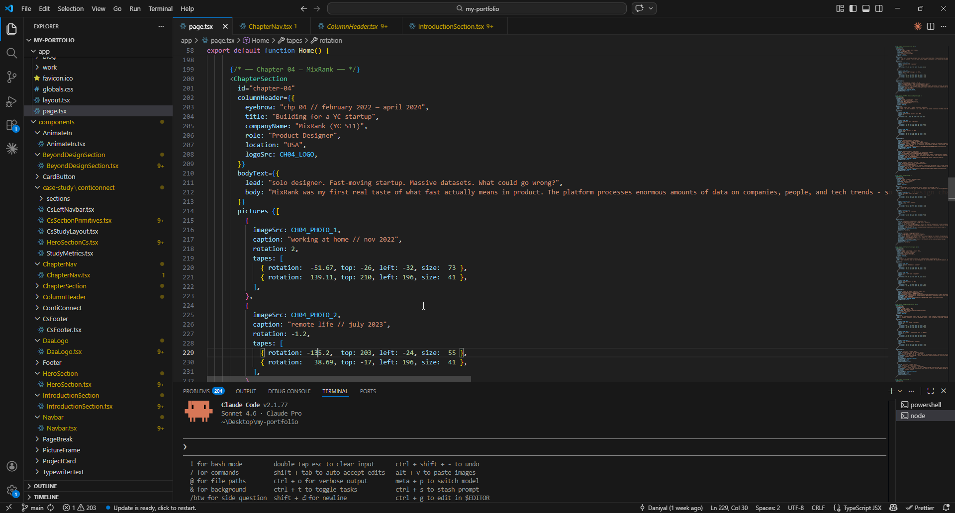 VS Code with the portfolio project open file tree on the left, component on the right