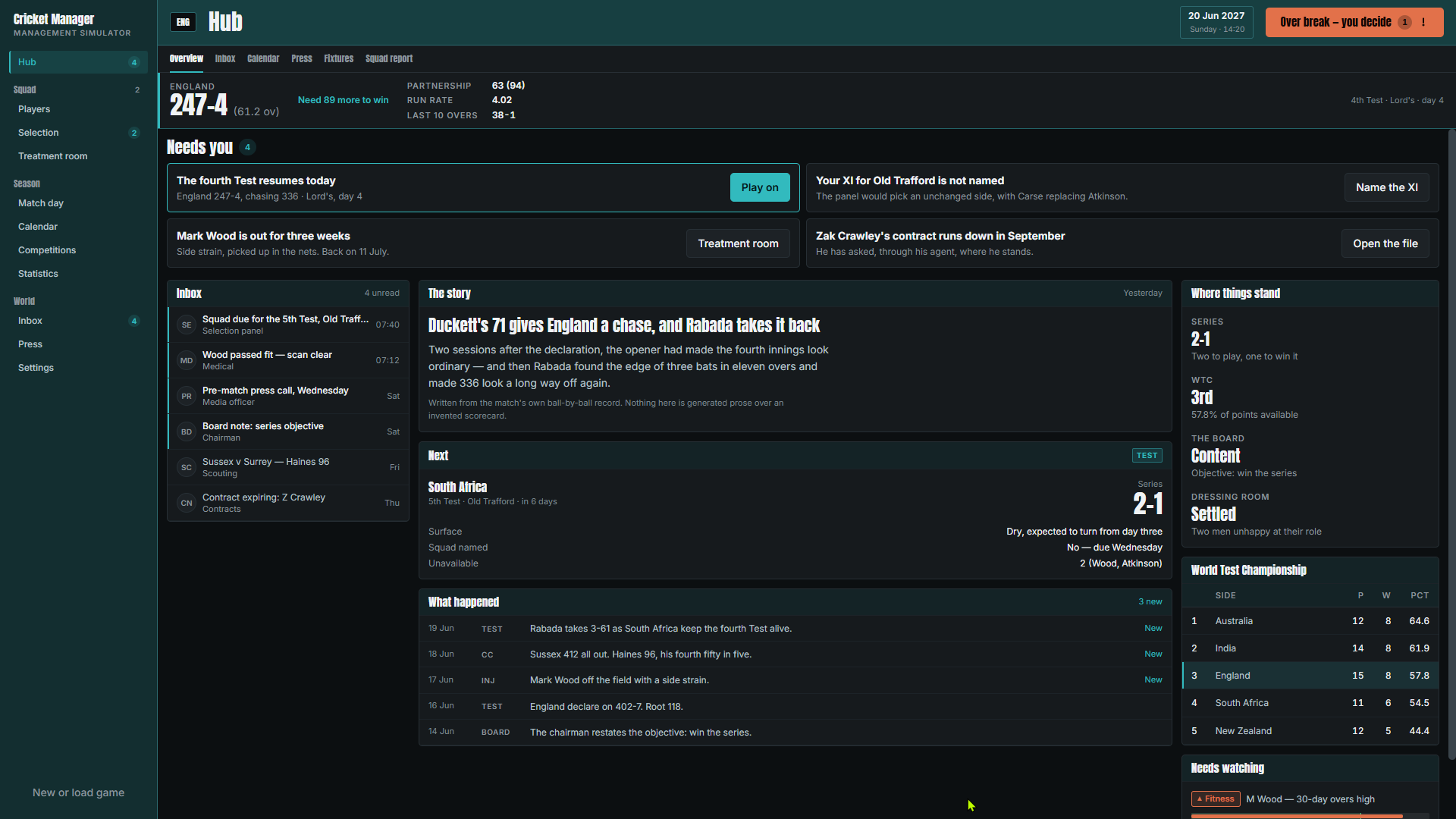 Cricket Pro's redesigned hub: decisions that need you, the latest match story and where the side stands